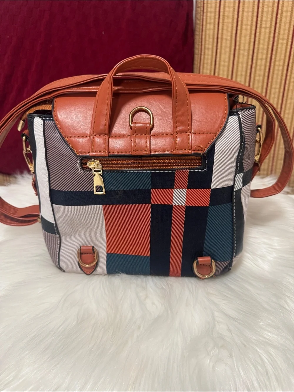Women’s Tan Plaid Crossbody Bag with Gold Accent